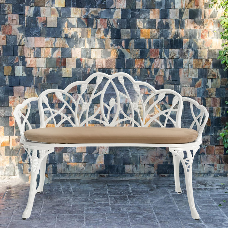 Astoria Grand 38.9'' Wide Outdoor Patio Garden Metal Bench With Cushion, White Wayfair Canada